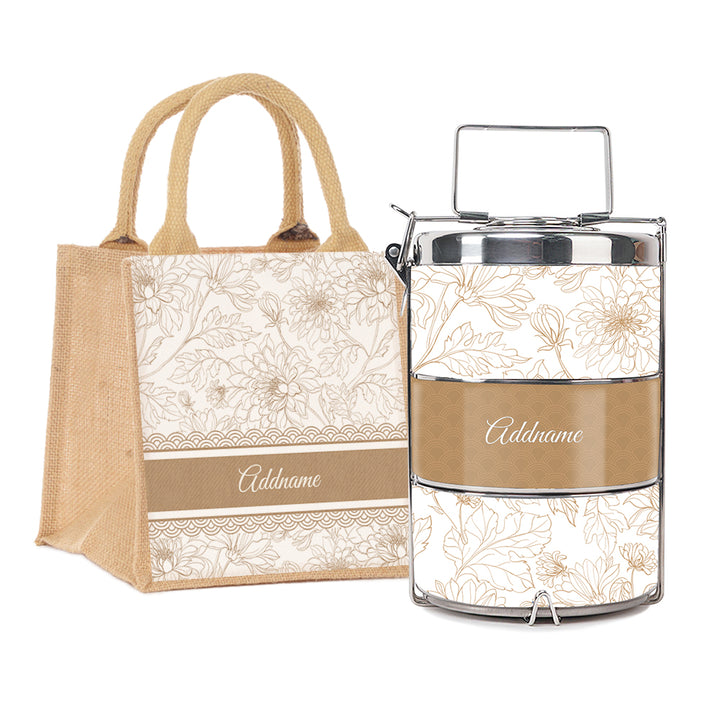 Chrysanths Artline Series 3-Tier Premium Small 11.5cm Tiffin Carrier & Jute Bag (Natural | Signature)