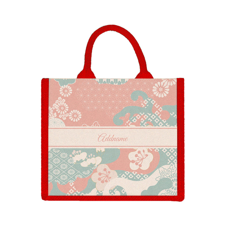 Teezbee.com - Rosy Cherry Blossom Oriental Series Jute Tote Bag (Medium | Red | Signature)