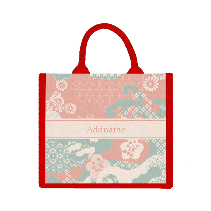 Teezbee.com - Rosy Cherry Blossom Oriental Series Jute Tote Bag (Medium | Red | Classic)