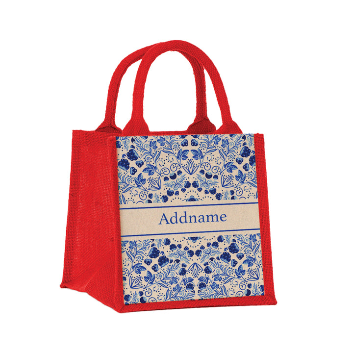 Teezbee.com - Chinese Porcelain Blue Jute Tote Bag (Red | Small)
