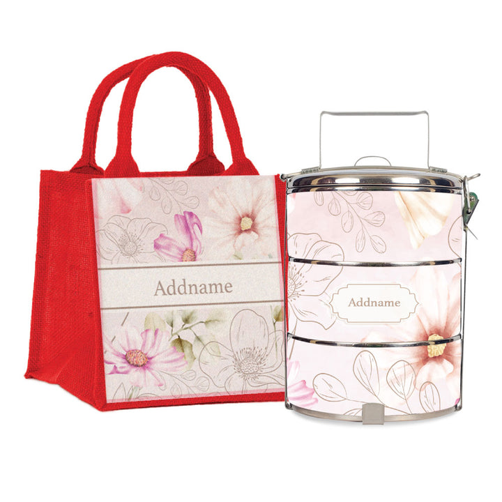Floral Verse Flora Series 3-Tier Standard Small 12cm Tiffin Carrier & Jute Bag (Red | Classic)