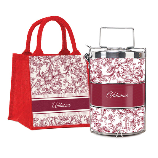 Floral Artline Series 3-Tier Premium Small 11.5cm Tiffin Carrier & Jute Bag (Red | Classic)