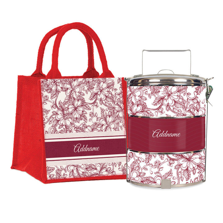 Teezbee.com - Floral Artline Series 3-Tier Standard Small 12cm Tiffin Carrier & Jute Bag (Red | Signature)