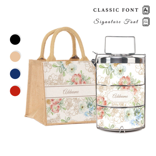 Abstract Fleur Flora Series 3-Tier Premium Small 11.5cm Tiffin Carrier & Jute Bag