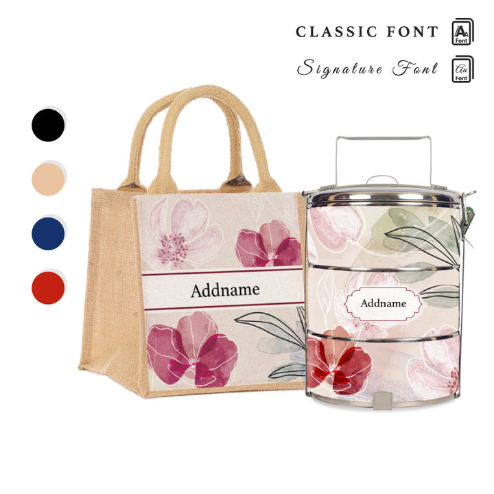 Floral Flourish Flora Series 3-Tier Standard Small 12cm Tiffin Carrier & Jute Bag