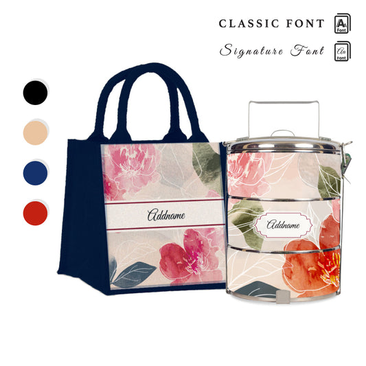 Floral Hues Flora Series 3-Tier Standard Medium 12cm Tiffin Carrier & Jute Bag