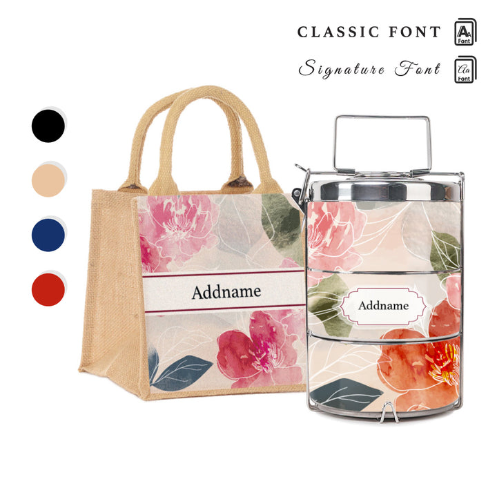 Floral Hues Flora Series 3-Tier Premium Small 11.5cm Tiffin Carrier & Jute Bag