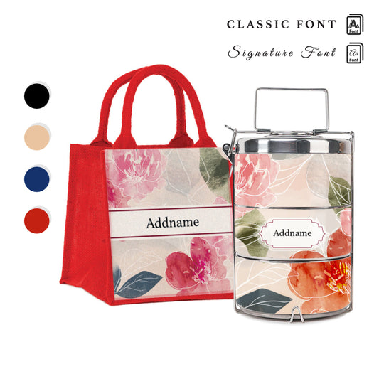 Floral Hues Flora Series 3-Tier Premium Small 11.5cm Tiffin Carrier & Jute Bag
