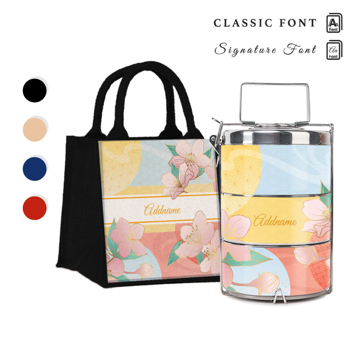 Zen Blossom Oriental Series 3-Tier Premium Small 11.5cm Tiffin Carrier & Jute Bag