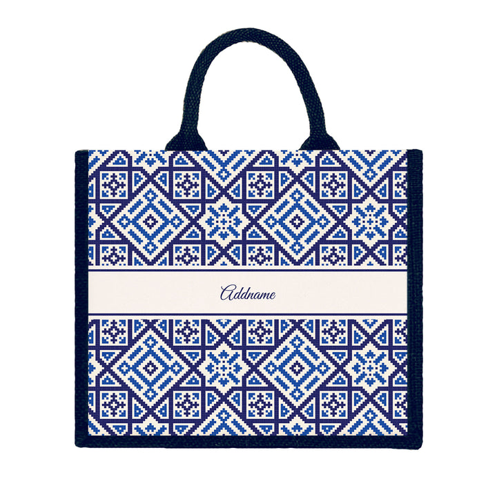 Teezbee.com - Aztec Moroccan & Mosaic Series Jute Tote Bag (Large | Navy | Signature)