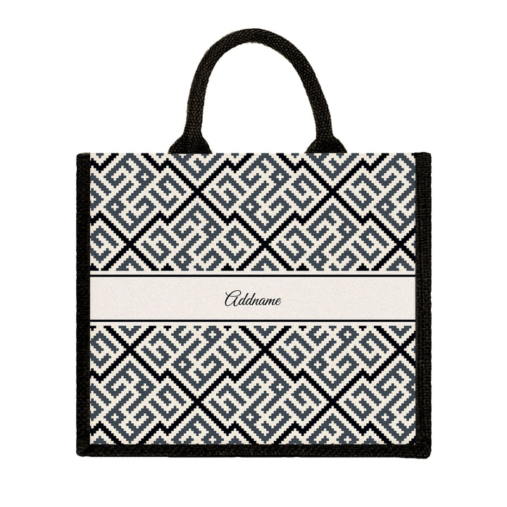 Teezbee.com - Linear Cubic Moroccan & Mosaic Series Jute Tote Bag (Large | Black | Signature)