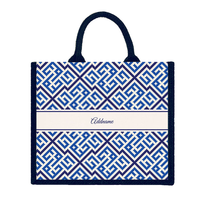 Teezbee.com - Linear Cubic Moroccan & Mosaic Series Jute Tote Bag (Large | Navy | Signature)