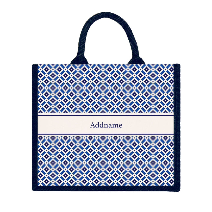 Teezbee.com - Zellige Moroccan & Mosaic Series Jute Tote Bag (Large | Navy | Classic)