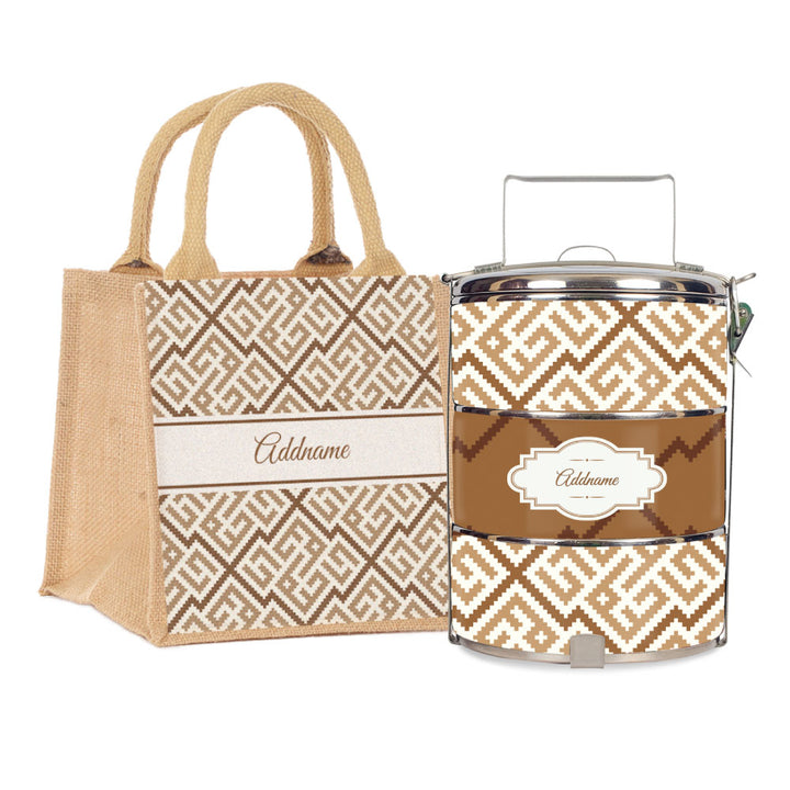 Teezbee.com - Linear Cubic Moroccan & Mosaic Series 3-Tier Standard Small 12cm Tiffin Carrier (Natural | Signature)