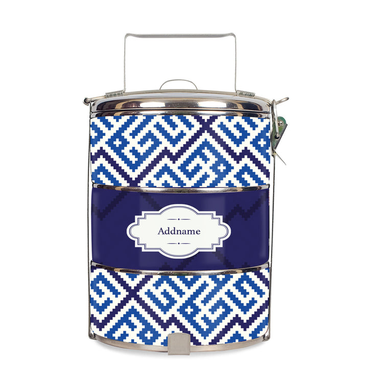 Teezbee.com - Linear Cubic Moroccan & Mosaic Series 3-Tier Standard Small 12cm Tiffin Carrier (Navy | Classic)