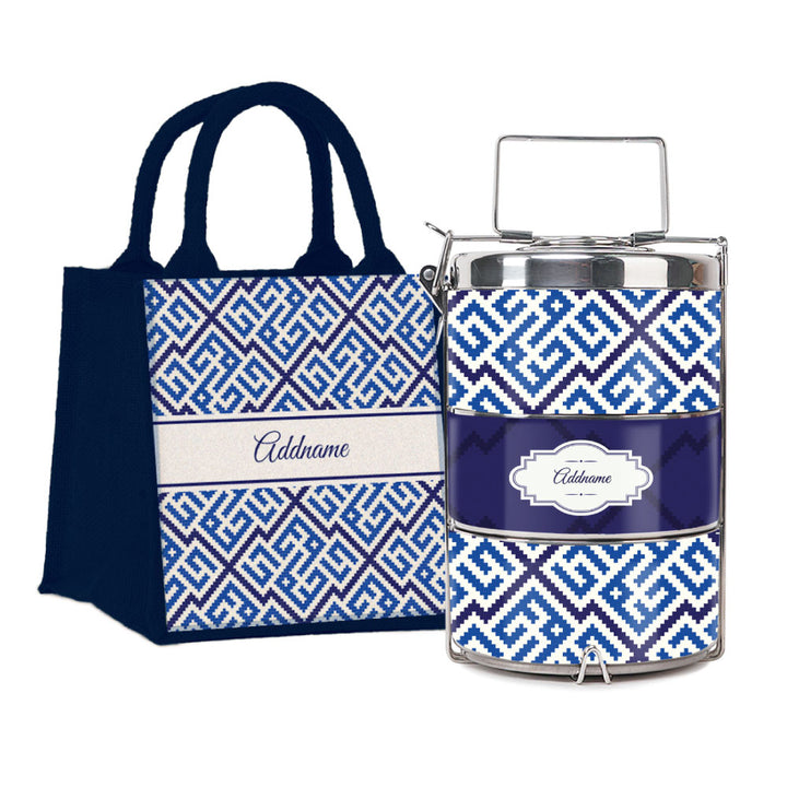 Teezbee.com - Linear Cubic Moroccan & Mosaic Series 3-Tier Premium Small 11.5cm Tiffin Carrier (Navy | Signature)