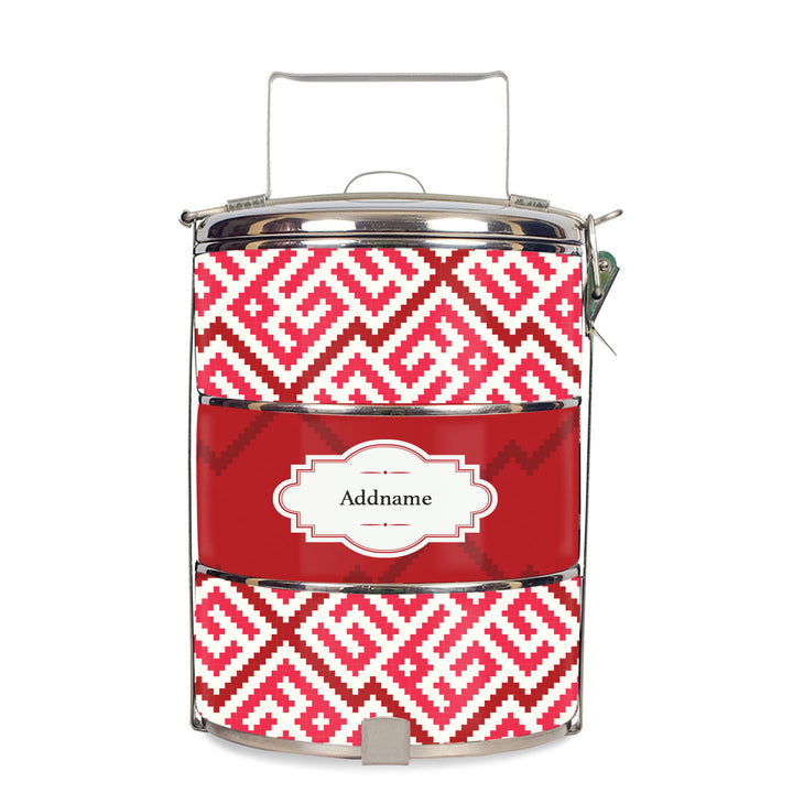 Teezbee.com - Linear Cubic Moroccan & Mosaic Series 3-Tier Standard Small 12cm Tiffin Carrier (Red | Classic)