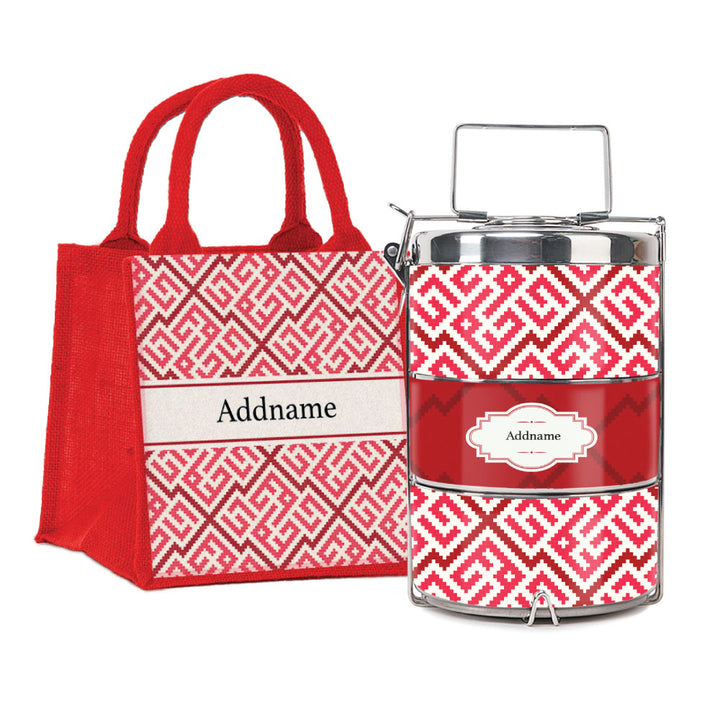 Teezbee.com - Linear Cubic Moroccan & Mosaic Series 3-Tier Premium Small 11.5cm Tiffin Carrier (Red | Classic)