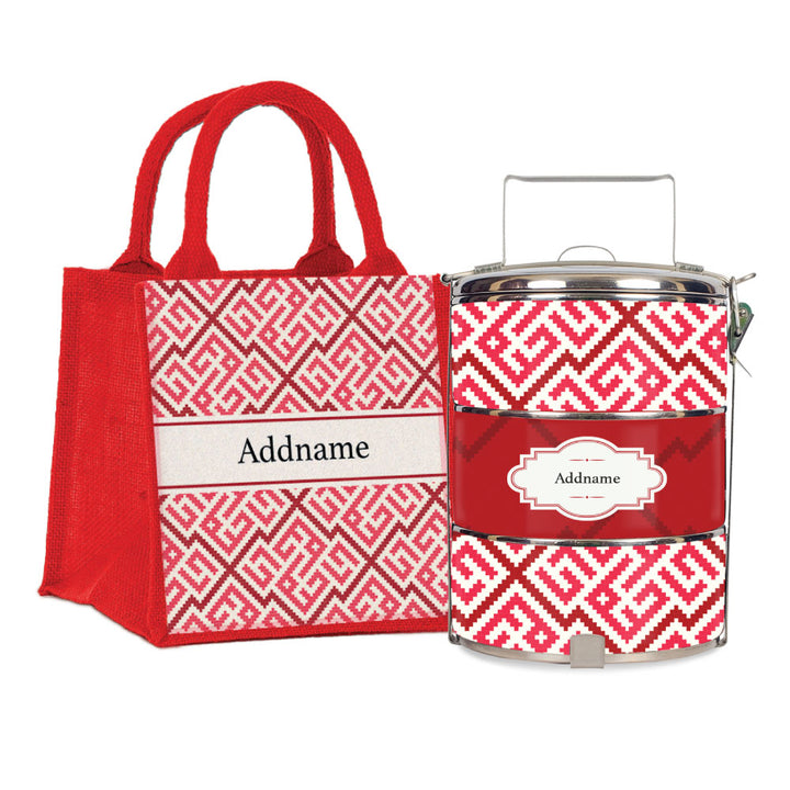 Teezbee.com - Linear Cubic Moroccan & Mosaic Series 3-Tier Standard Small 12cm Tiffin Carrier (Red | Classic)