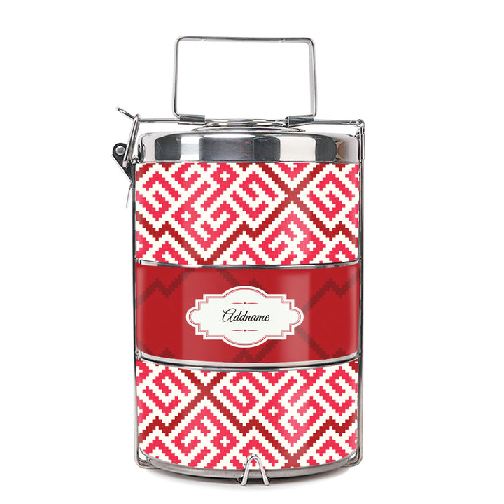 Teezbee.com - Linear Cubic Moroccan & Mosaic Series 3-Tier Premium Small 11.5cm Tiffin Carrier (Red | Signature)