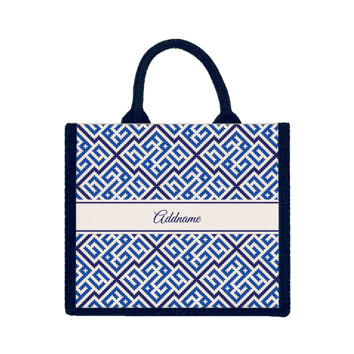 Teezbee.com - Linear Cubic Moroccan & Mosaic Series Jute Tote Bag (Medium | Navy | Signature)