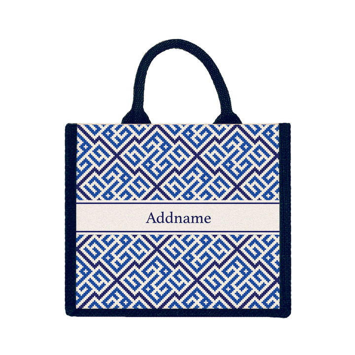 Teezbee.com - Linear Cubic Moroccan & Mosaic Series Jute Tote Bag (Medium | Navy | Classic)