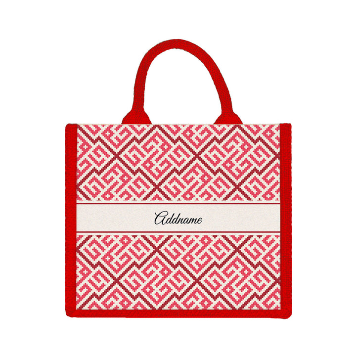 Teezbee.com - Linear Cubic Moroccan & Mosaic Series Jute Tote Bag (Medium | Red | Signature)