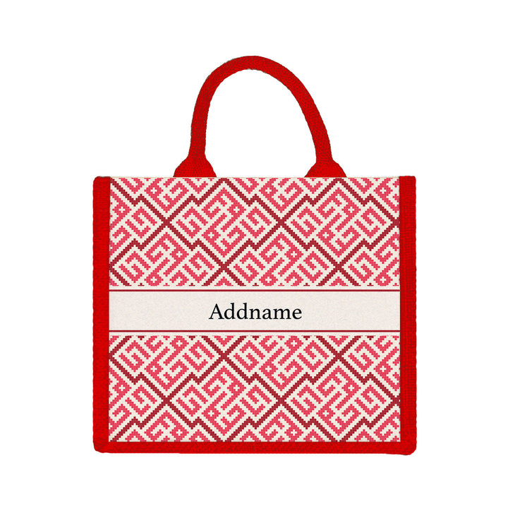 Teezbee.com - Linear Cubic Moroccan & Mosaic Series Jute Tote Bag (Medium | Red | Classic)