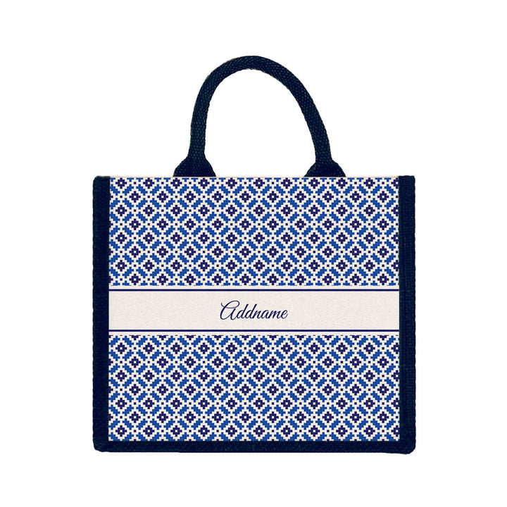 Teezbee.com - Zellige Moroccan & Mosaic Series Jute Tote Bag (Medium | Navy | Signature)