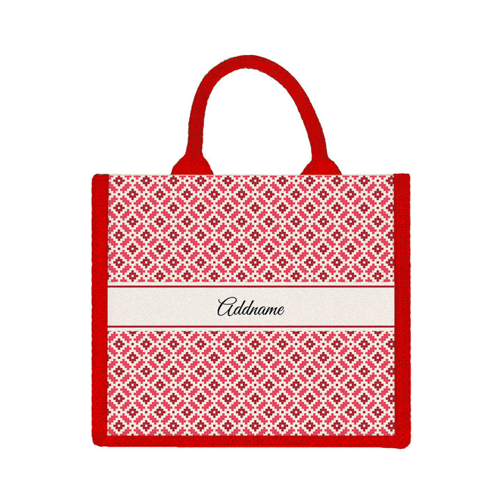 Teezbee.com - Zellige Moroccan & Mosaic Series Jute Tote Bag (Medium | Red | Signature)