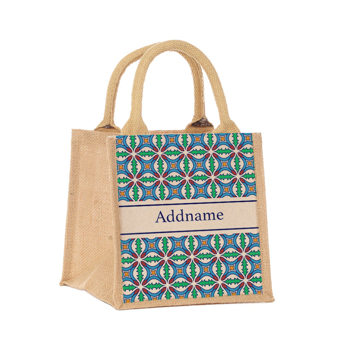 Teezbee.com - Moroccan Damask Green Jute Tote Bag (Natural | Small)