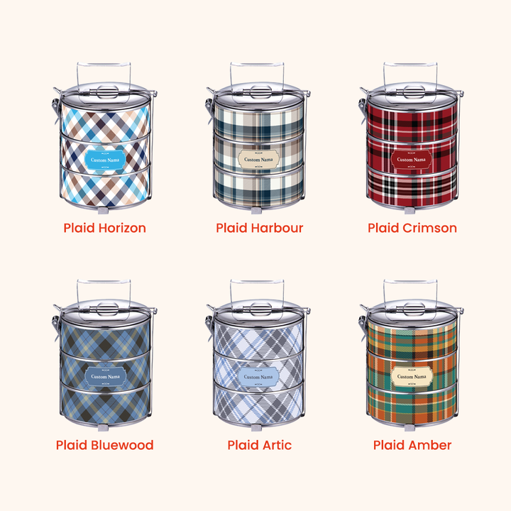 14cm 3-Tier Plaid 01 Tiffin Carrier — Design Cetakan Terus (Not Sticker) + Custom Nama Percuma