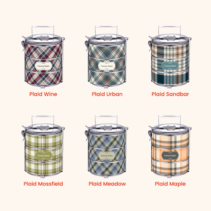 Corak Dicetak Terus (Not Sticker) — 12cm 3-Tier Plaid 01 Tiffin Carrier + FREE Custom Nama for Mangkuk Tingkat
