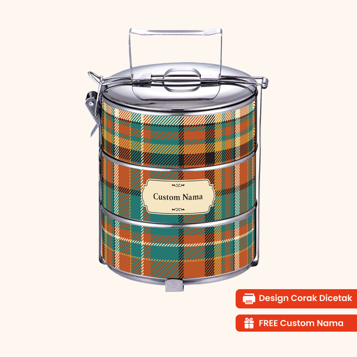 Corak Dicetak Terus (Not Sticker) — 12cm 3-Tier Plaid Amber Tiffin Carrier + FREE Custom Nama for Mangkuk Tingkat