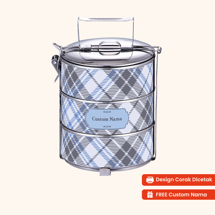 14cm 3-Tier Plaid Artic Tiffin Carrier — Design Cetakan Terus (Not Sticker) + Custom Nama Percuma