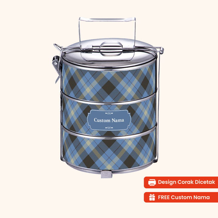 Corak Dicetak Terus (Not Sticker) — 12cm 3-Tier Plaid Bluewood Tiffin Carrier + FREE Custom Nama for Mangkuk Tingkat