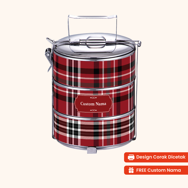 Corak Dicetak Terus (Not Sticker) — 12cm 3-Tier Plaid Crimsom Tiffin Carrier + FREE Custom Nama for Mangkuk Tingkat