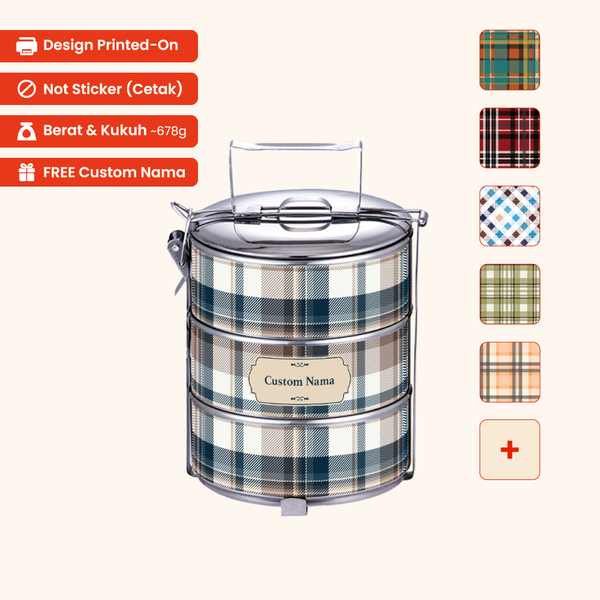 14cm 3-Tier Plaid 01 Tiffin Carrier — Design Cetakan Terus (Not Sticker) + Custom Nama Percuma
