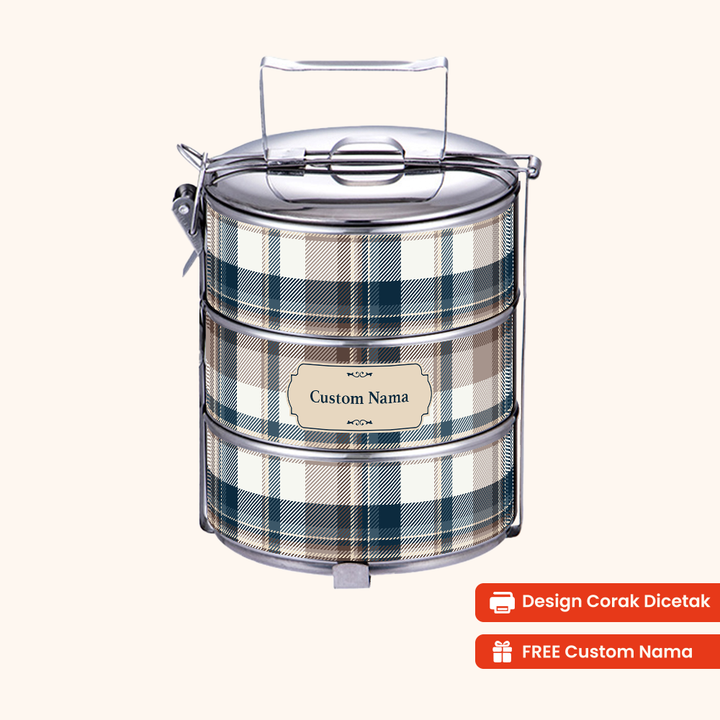 Corak Dicetak Terus (Not Sticker) — 12cm 3-Tier Plaid Harbour Tiffin Carrier + FREE Custom Nama for Mangkuk Tingkat