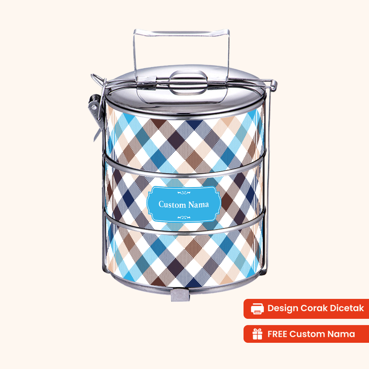 14cm 3-Tier Plaid Horizon Tiffin Carrier — Design Cetakan Terus (Not Sticker) + Custom Nama Percuma