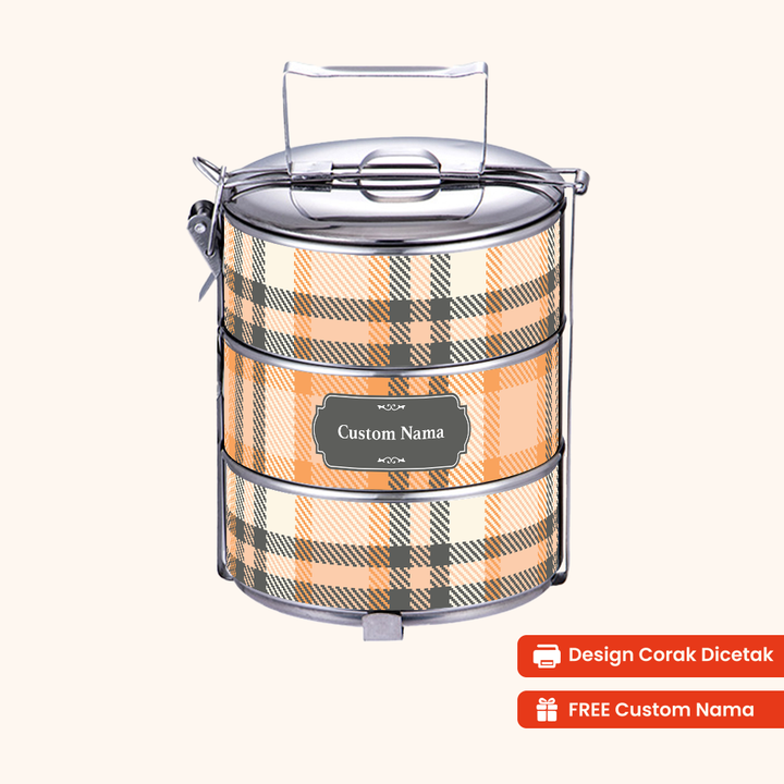 Corak Dicetak Terus (Not Sticker) — 12cm 3-Tier Plaid Maple Tiffin Carrier + FREE Custom Nama for Mangkuk Tingkat