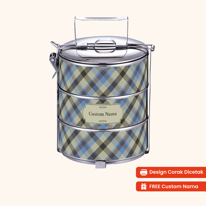 Corak Dicetak Terus (Not Sticker) — 12cm 3-Tier Plaid Meadow Tiffin Carrier + FREE Custom Nama for Mangkuk Tingkat
