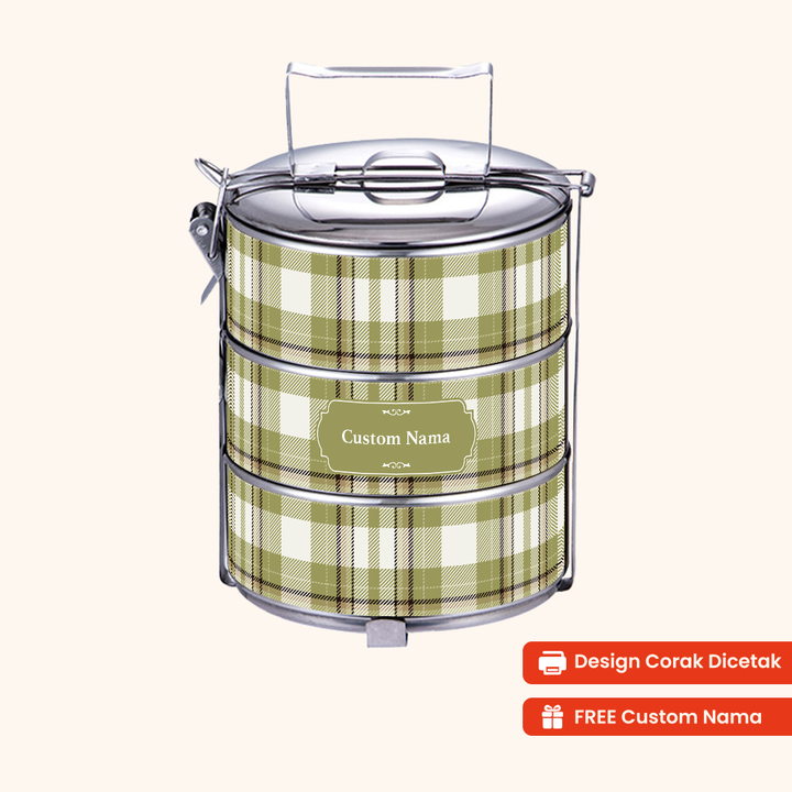 Corak Dicetak Terus (Not Sticker) — 12cm 3-Tier Plaid Mossfield Tiffin Carrier + FREE Custom Nama for Mangkuk Tingkat