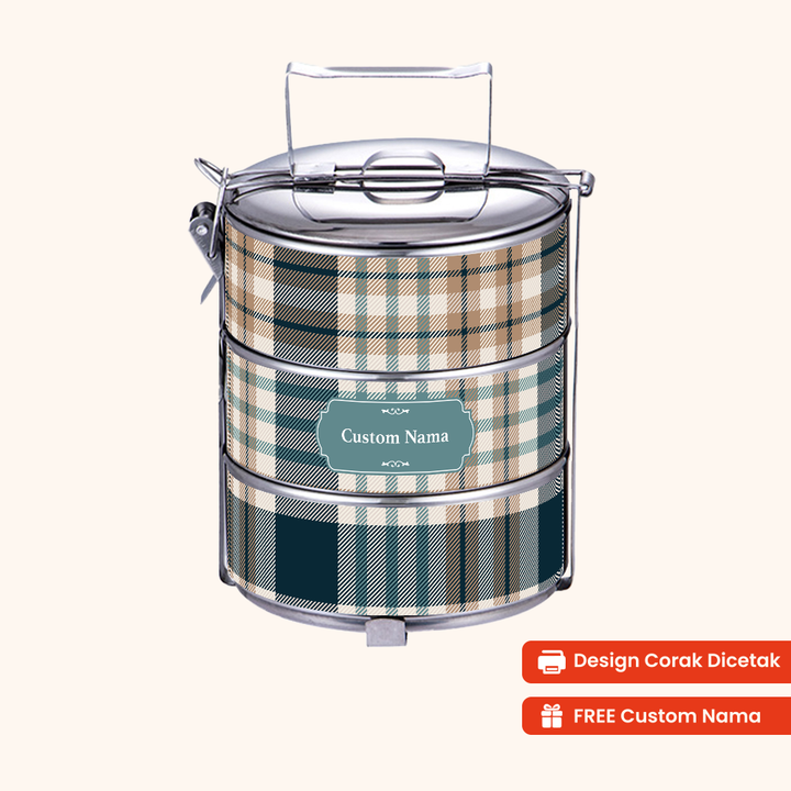 Corak Dicetak Terus (Not Sticker) — 12cm 3-Tier Plaid Sandbar Tiffin Carrier + FREE Custom Nama for Mangkuk Tingkat