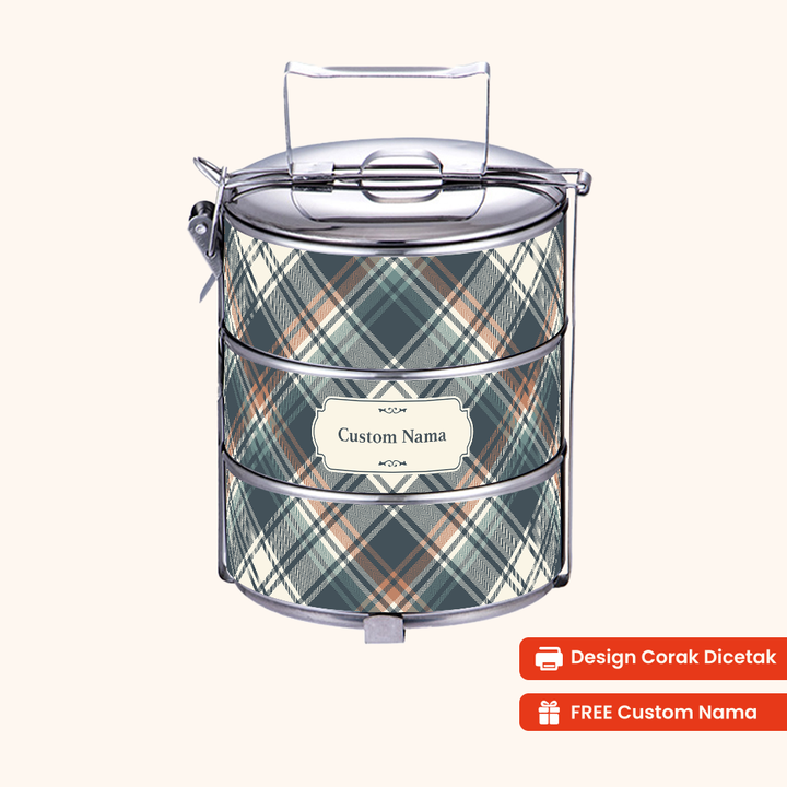 Corak Dicetak Terus (Not Sticker) — 12cm 3-Tier Plaid Urban Tiffin Carrier + FREE Custom Nama for Mangkuk Tingkat