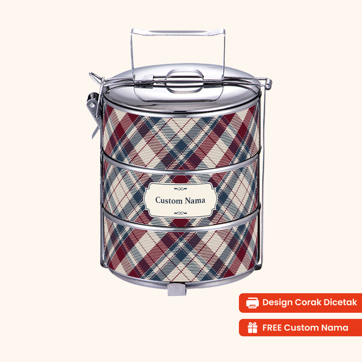Corak Dicetak Terus (Not Sticker) — 12cm 3-Tier Plaid Wine Tiffin Carrier + FREE Custom Nama for Mangkuk Tingkat