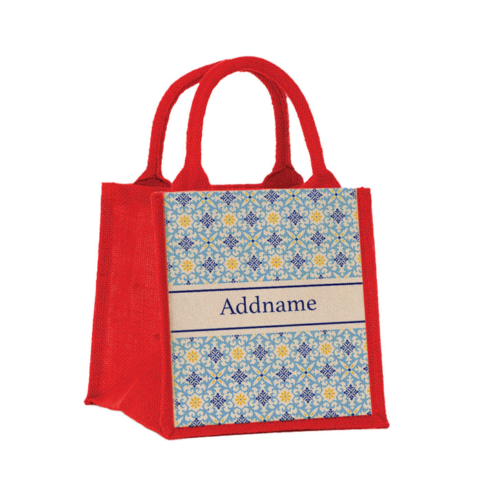 Teezbee.com - Moroccan Damask Blue Jute Tote Bag (Red | Small)