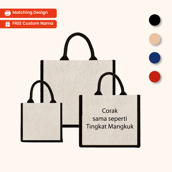 Add-on Beg Tote Jute Design Corak Matching for Tiffin Carrier — FREE Custom Nama