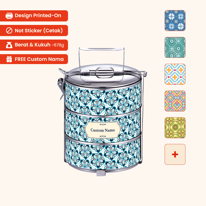 Corak Dicetak Terus (Not Sticker) — 14cm 3-Tier Arabic 01 Tiffin Carrier + FREE Custom Nama