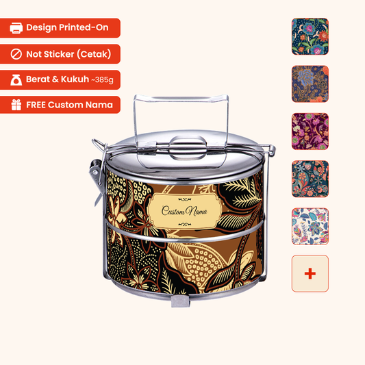 Corak Dicetak Terus (Not Sticker) — 12cm 2-Tier Batik 01 Tiffin Carrier + FREE Custom Nama